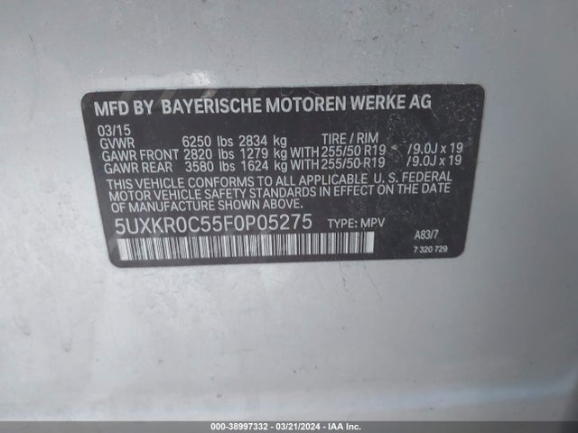BMW X5 Xdrive35i 2015 5UXKR0C55F0P05275 Image 9