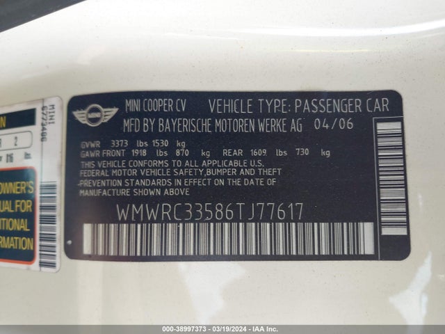 2006 MINI COOPER WMWRC33586TJ77617 Photo 8