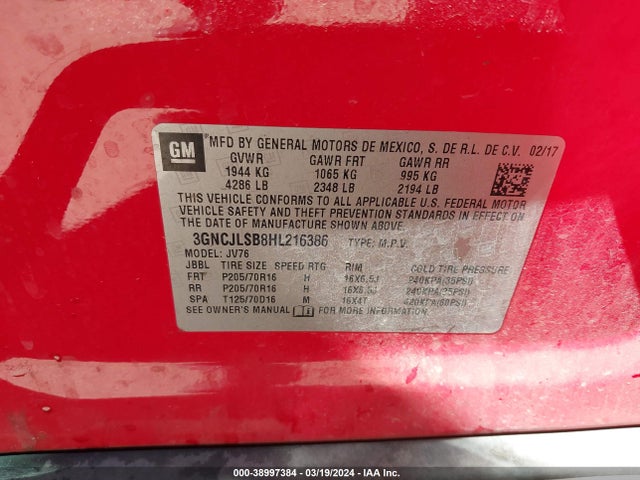 Chevrolet Trax Lt 2017 3GNCJLSB8HL216386 Image 9