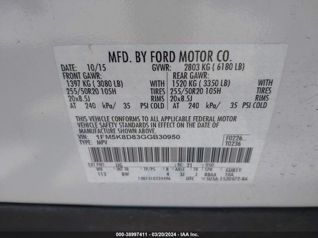Ford EXPLORER XLT 2016 1FM5K8D83GGB30950 Image 9