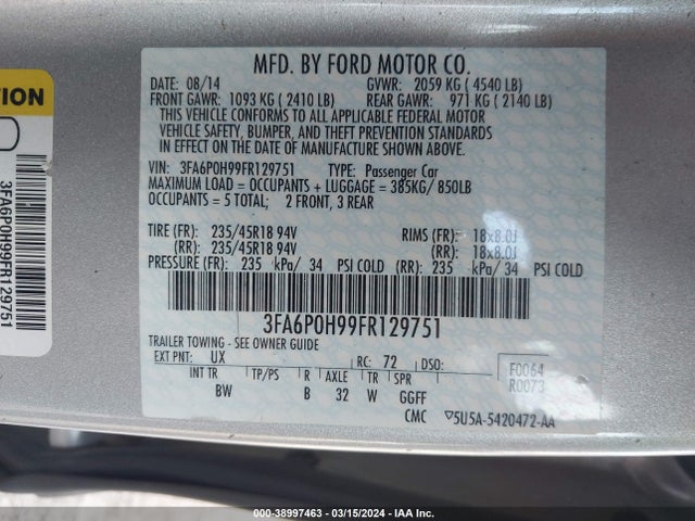 Ford FUSION SE 2015 3FA6P0H99FR129751 Image 9