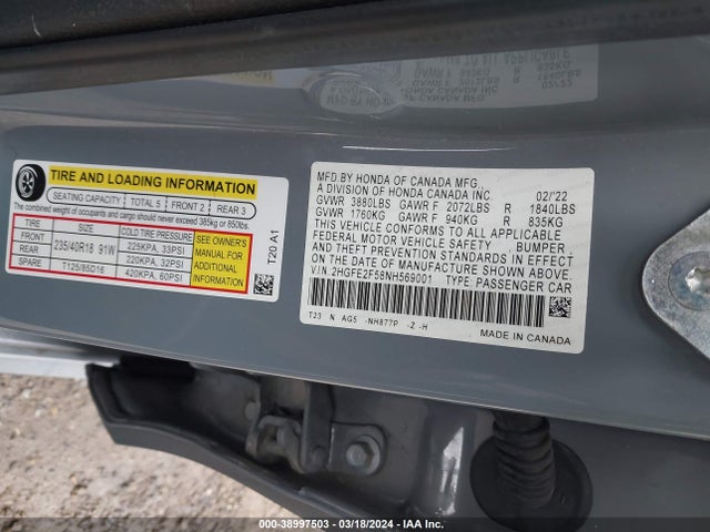 Honda Civic Sport 2022 2HGFE2F58NH569001 Image 9