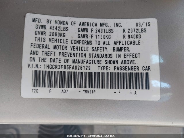 Honda Accord Ex-l V-6 2015 1HGCR3F85FA026129 Image 9