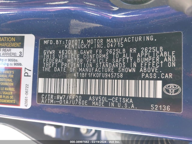 Toyota CAMRY SE 2015 4T1BF1FK0FU945758 Image 9
