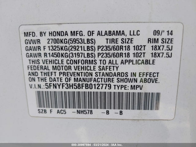 Honda Pilot Ex-l 2015 5FNYF3H58FB012779 Image 9