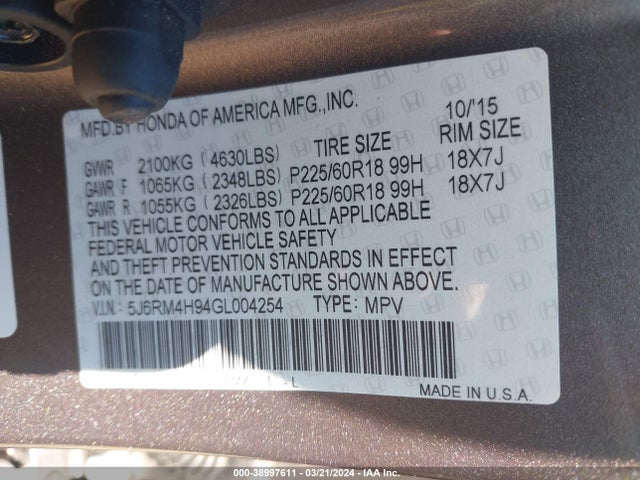 Honda Cr-v Touring 2016 5J6RM4H94GL004254 Image 9