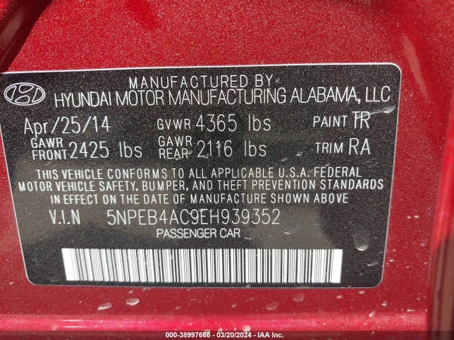 Hyundai SONATA GLS 2014 5NPEB4AC9EH939352 Image 9