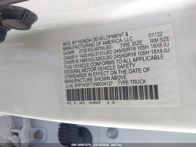 Honda Ridgeline Rtl-e 2022 5FPYK3F71NB034127 Image 9