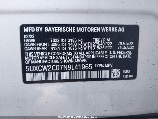 BMW X7 Xdrive40i 2022 5UXCW2C07N9L41965 Image 9