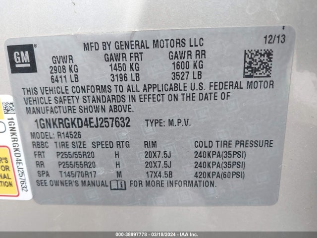 Chevrolet Traverse 1lt 2014 1GNKRGKD4EJ257632 Image 9