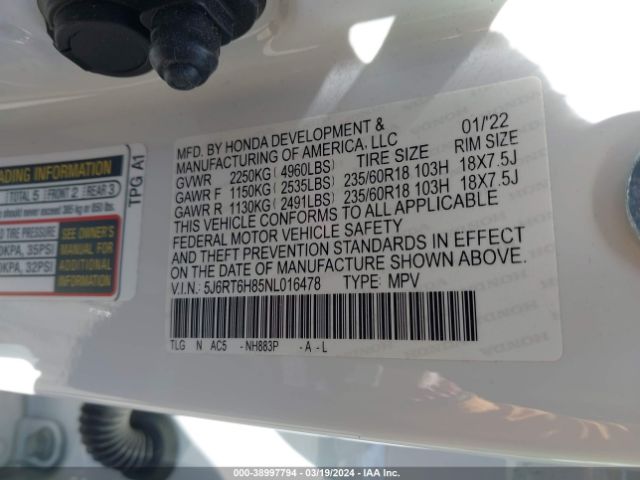 5J6RT6H85NL016478 Honda Cr-v Hybrid Ex-l