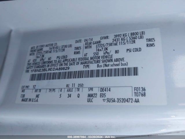 Ford E-350 Super Duty Xlt 2014 1FBNE3BL9EDA89829 Image 9