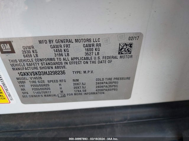 1GKKVSKD3HJ298236 GMC Acadia Limited