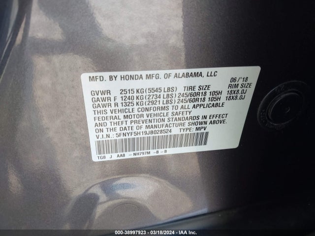Honda PILOT LX 2018 5FNYF5H19JB028524 Image 9
