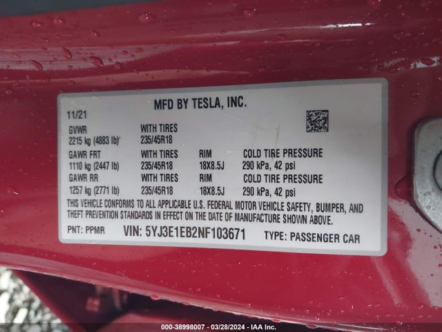 Tesla Model 3 Long Range Dual Motor All-wheel Drive 2022 5YJ3E1EB2NF103671 Image 9
