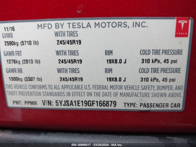 Tesla Model S 60/70/75/85 2016 5YJSA1E19GF166879 Image 9