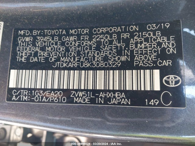 Toyota PRIUS XLE 2019 JTDKARFU8K3080329 Image 9