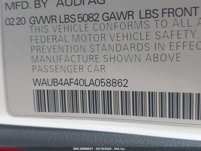 WAUB4AF40LA058862 Audi S4 Premium Plus Tfsi Quattro Tiptronic