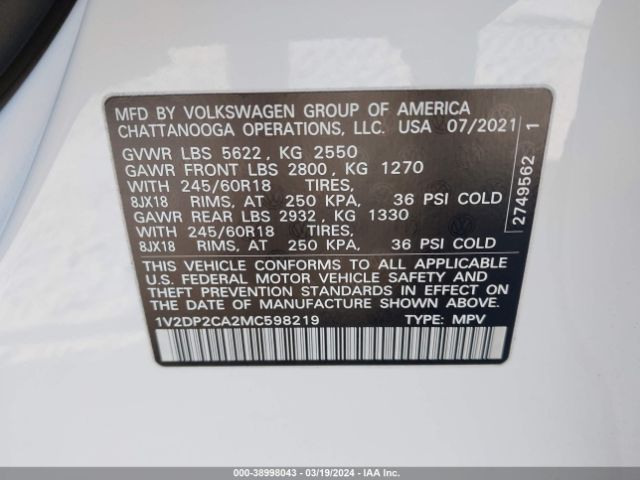 1V2DP2CA2MC598219 Volkswagen Atlas 2.0t Se