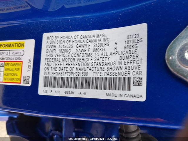 Honda Civic Ex /ex W/o Bsi 2023 2HGFE1F70PH321680 Image 9