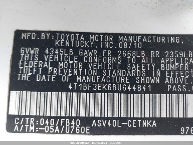 38998051 :رقم المزاد ، 4T1BF3EK6BU644841 vin ، 2011 Toyota Camry مزاد بيع