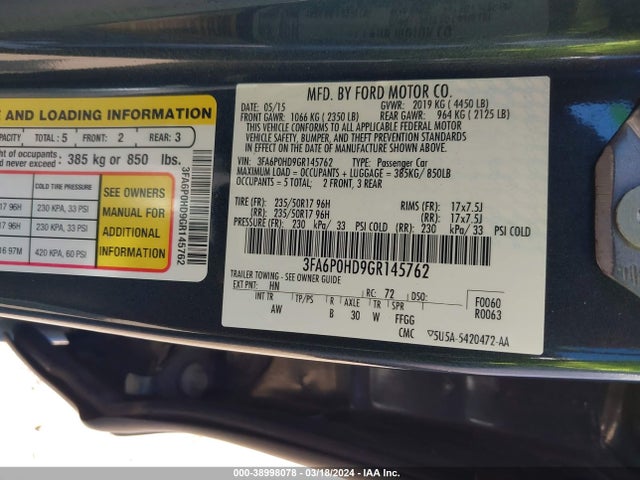 Ford FUSION SE 2016 3FA6P0HD9GR145762 Image 9