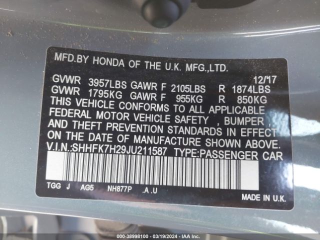 SHHFK7H29JU211587 Honda Civic Lx