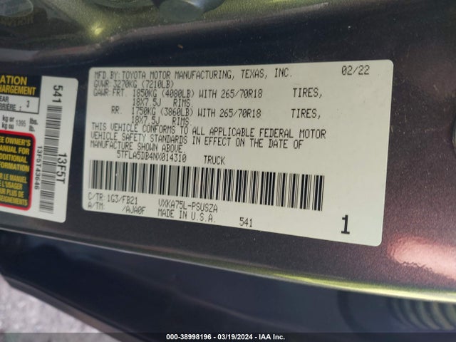 2022 Toyota Tundra Sr5 მანქანა იყიდება აუქციონზე, vin: 5TFLA5DB4NX014310, აუქციონის ნომერი: 38998196