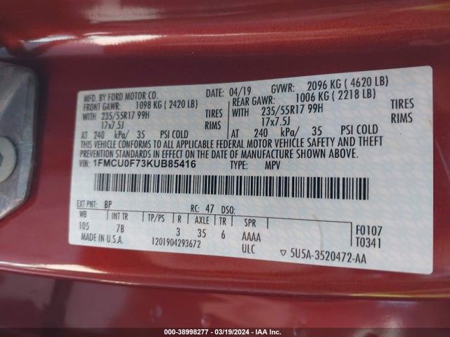 Ford ESCAPE S 2019 1FMCU0F73KUB85416 Image 9