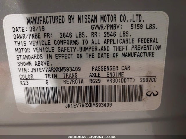 JN1EV7ARXKM593409 Infiniti Q50 3.0t Luxe