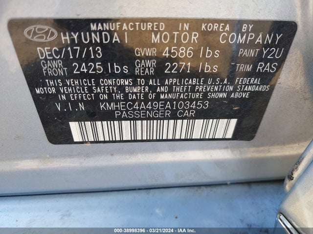 Hyundai Sonata Hybrid Limited 2014 KMHEC4A49EA103453 Image 9