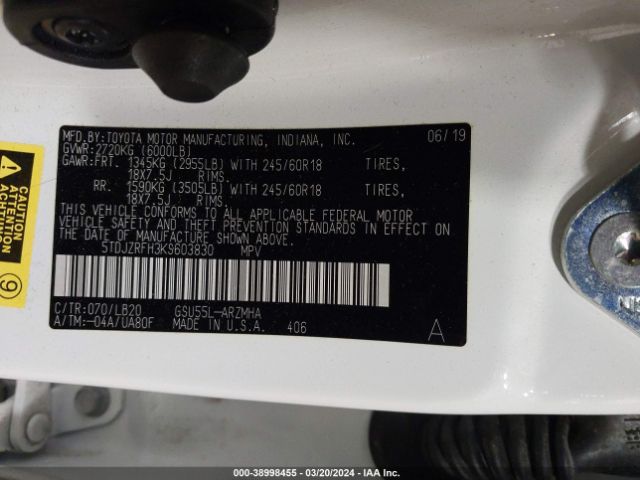 5TDJZRFH3KS603830 Toyota Highlander Xle