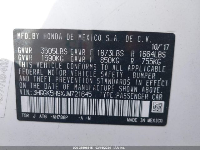 3HGGK5H9XJM721645 Honda Fit Ex-l