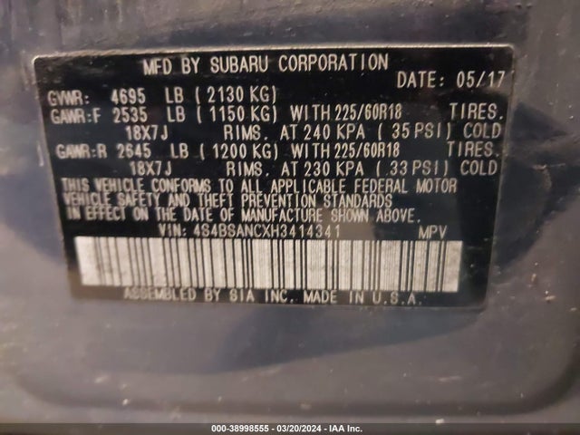 Subaru Outback 2.5i Limited 2017 4S4BSANCXH3414341 Image 9