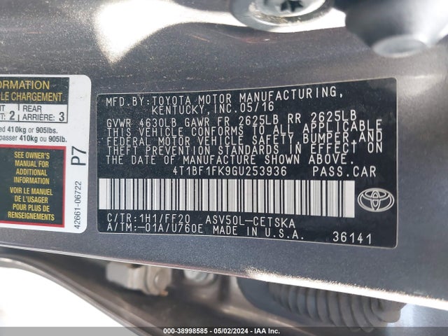 Toyota CAMRY SE 2016 4T1BF1FK9GU253936 Image 9