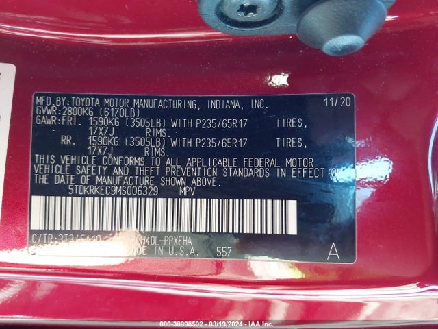 Toyota SIENNA LE 2021 5TDKRKEC9MS006329 Image 9