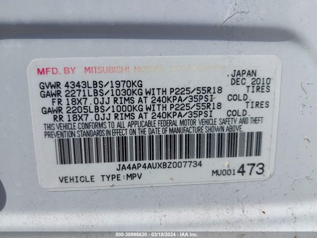 38998620 :رقم المزاد ، JA4AP4AUXBZ007734 vin ، 2011 Mitsubishi Outlander Sport Se مزاد بيع