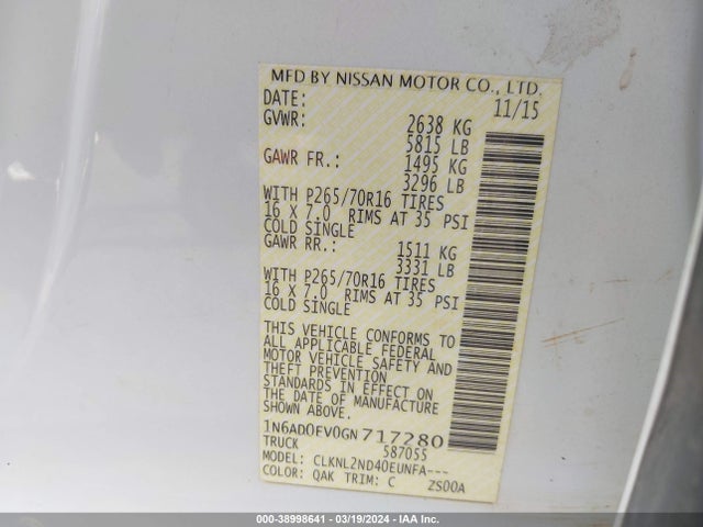 Nissan Frontier Sv 2016 1N6AD0EV0GN717280 Image 9
