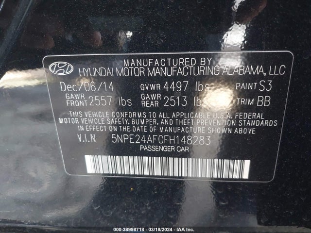 Hyundai SONATA SE 2015 5NPE24AF0FH148283 Image 9