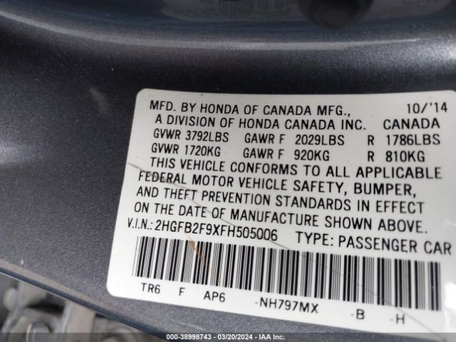 2HGFB2F9XFH505006 Honda Civic Ex-l