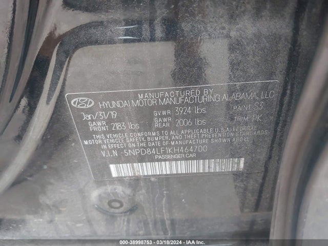 Hyundai ELANTRA SEL 2019 5NPD84LF1KH464700 Image 9