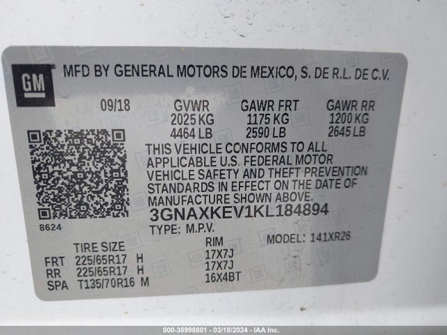 Chevrolet EQUINOX LT 2019 3GNAXKEV1KL184894 Image 9