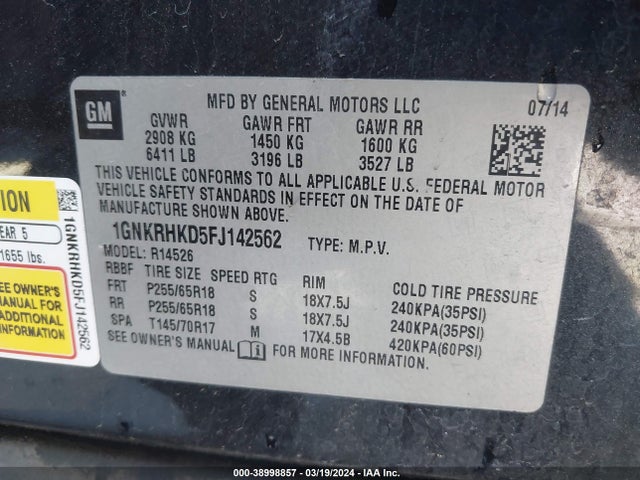 Chevrolet Traverse 2lt 2015 1GNKRHKD5FJ142562 Image 9