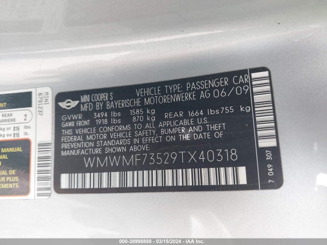 2009 MINI COOPER S WMWMF73529TX40318 Photo 8
