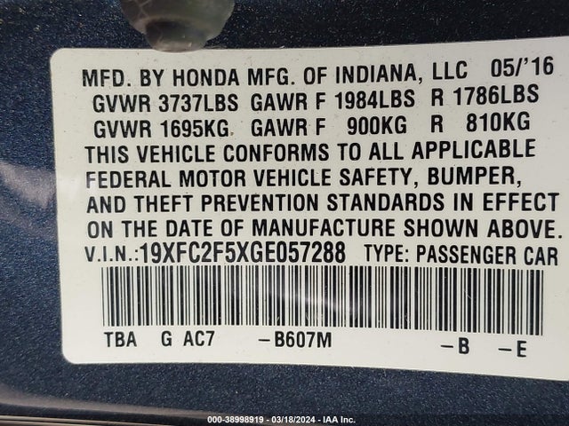 Honda Civic Lx 2016 19XFC2F5XGE057288 Image 9