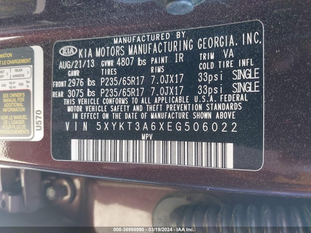 KIA SORENTO LX 2014 5XYKT3A6XEG506022 Image 9