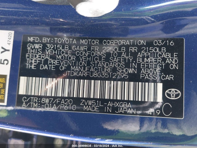 Toyota Prius Three 2016 JTDKARFU8G3512795 Image 9