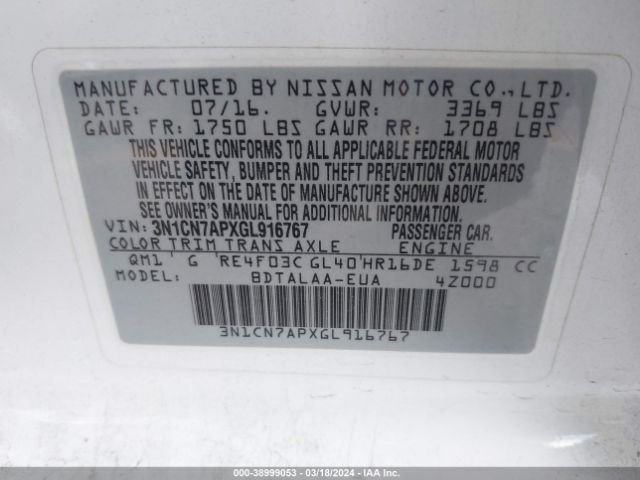 3N1CN7APXGL916767 Nissan Versa 1.6 S