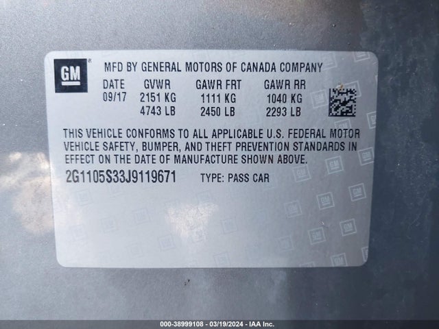 Chevrolet IMPALA 1LT 2018 2G1105S33J9119671 Image 9