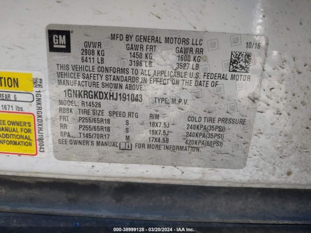 1GNKRGKDXHJ191043 Chevrolet Traverse 1lt